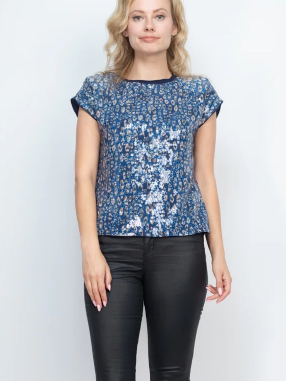 Anthropologie BTFL-life Sequin Boxy Cap Sleeve Blouse in Blue Size Small